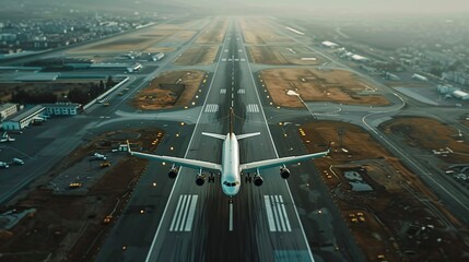 Passenger plane taking off from runway, ascending into the sky over airport during daytime, travel and aviation concept
