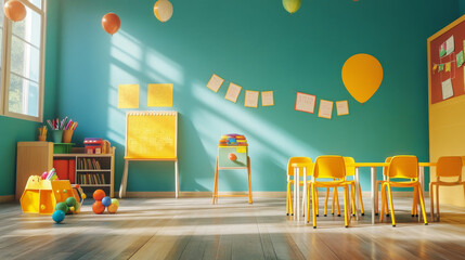"Colorful kindergarten classroom with no children, featuring school desks, chairs, toys, and decorations on the background wall. A vibrant and inviting space for early childhood education."