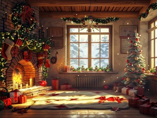 Fototapeta premium Festive Holiday Season - Cozy Christmas Interior with Ornaments and Text Area for Greetings and Messages