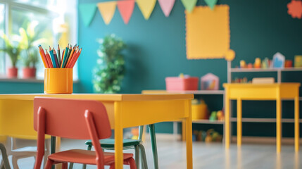 "Colorful kindergarten classroom with no children, featuring school desks, chairs, toys, and decorations on the background wall. A vibrant and inviting space for early childhood education."