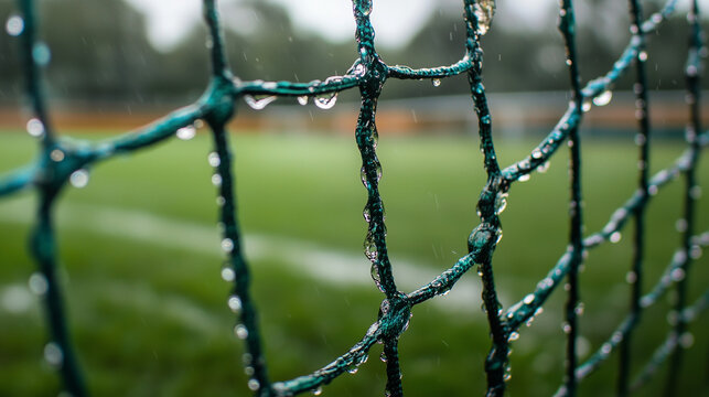 Close-up shot of the net of a soccer goal on a damp, grassy pitch, where raindrops have formed a shiny layer on the green grass.