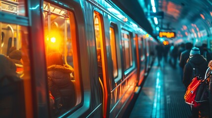 Subway commute during rush hour, crowded car, diverse group of passengers, modern underground station visible through windows, bright and clean lighting, detailed and vibrant, dynamic atmosphere,