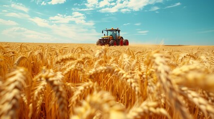 Fototapeta premium Tractor driven by a farmer in a golden wheat field, clear blue sky, midday sunlight, detailed textures on the tractor and wheat, peaceful and productive atmosphere, hd quality, natural look.