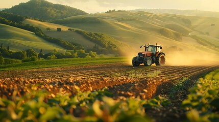 Fototapeta premium Tractor plowing through a lush green field, farmer at the wheel, rolling hills in the background, morning light casting long shadows, vibrant and dynamic scene,