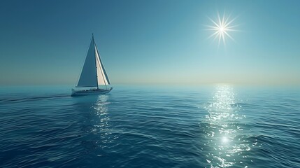 Fototapeta premium Yacht sailing on a calm blue ocean, bright and clear sky, sunlight shimmering on the water, detailed yacht and ocean textures, serene and luxurious atmosphere, hd quality, natural look.