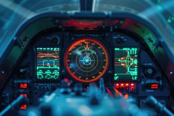 Interior of a fighter jet cockpit with pilot's instruments and controls