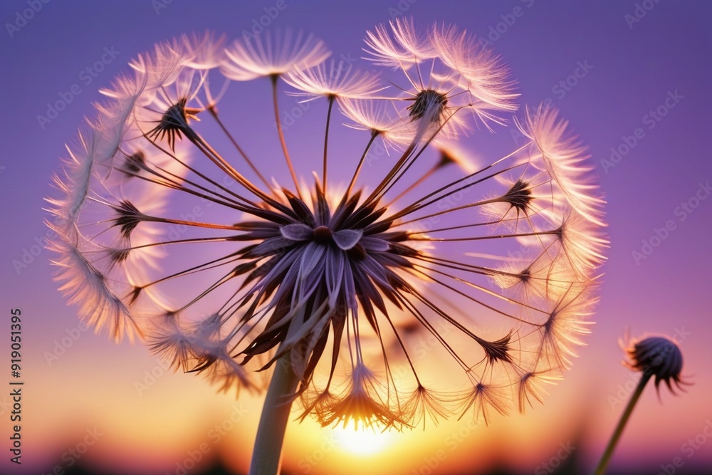 Wall mural Dandelion seeds gently blowing in the wind, horizontal compostion