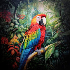 Tropical macaw parrot bird in jungle forest