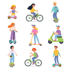 Fototapeta premium Electric Transport with Man and Woman Character Ride Eco-friendly Vehicle Vector Set