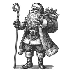 Obraz premium Santa Claus carrying a gift bag, classic Christmas spirit sketch engraving generative ai fictional character raster illustration. Scratch board imitation. Black and white image.