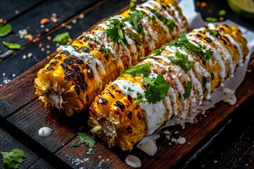 Grilled corn on the cob with sour cream and cilantro