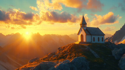 The church on the mountaintop is shown in the glow of the morning sun as it rises over the horizon.