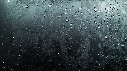 A close up of water droplets on a window with a black background