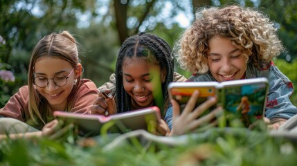 Fototapeta premium Teenagers using e-readers in a park, modern literacy