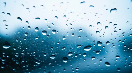 A close up of water droplets on a window with a blue sky in the background