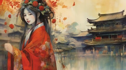 Fototapeta premium A woman in a red kimono is walking in front of a building