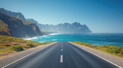 A coastal road with cliffs on one side and a sparkling ocean on the other, under a clear blue sky.