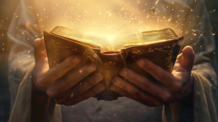 Hands of a man holding the holy bible, light radiating over the scriptures, Religious concept