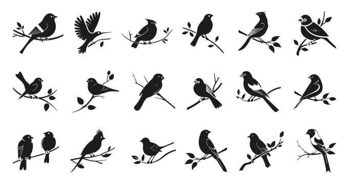 Birds on the tree branch icons set. Little various songbirds silhouettes. Nature and tranquility symbol. Freedom and harmony of wild life. Black and white flat style isolated vector clipart collection