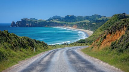 A coastal road with cliffs on one side and a sparkling ocean on the other, under a clear blue sky.