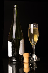 Elegant bottle of champagne alongside a glass brimming with bubbles, with the cork prominently displayed. Set against a black background, emphasizing celebration and festive cheer.