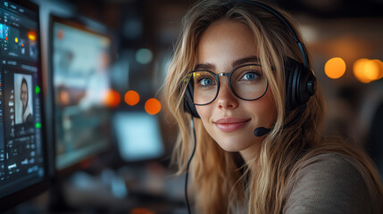 A focused young woman with glasses working at a computer, wearing a headset and engaged in an online conversation.