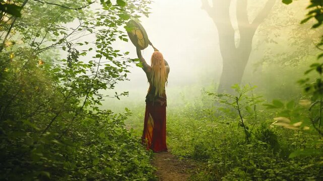 Sexy fantasy woman shaman holds drum in hands back rear view, plays music beats mystery melody. Magic dark forest green grass trees fog mist smoke. Fairy Girl boho style brown dress red hair art 4k.