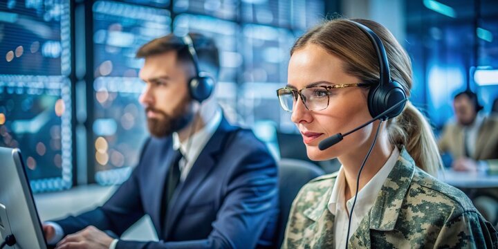 IT help desk, female with headset and glasses for questions on technology and data. Cyber defense, person dedicated to communication, analysis, and army support.