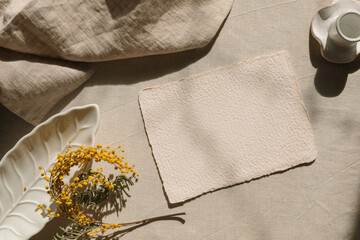 Overhead view of a blank piece of homemade deckle edge paper on a table with mimosa flower,...