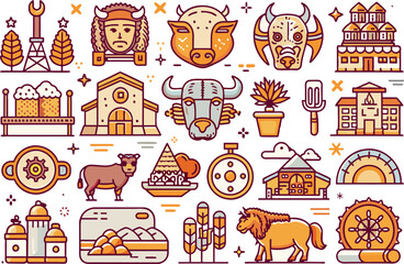 buffalo icon set. editable stroke outline icons set. vector illustration.