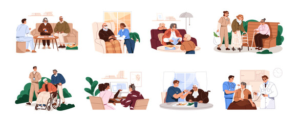 Assistance to old men and women set. Young people help, walk with granny, grandfather. Carers care about seniors health in hospital. Nursing home, service. Flat isolated vector illustrations on white