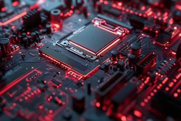 Fototapeta premium Circuit board. Electronic computer hardware technology. Motherboard digital chip. Tech science background. Integrated communication processor. Information engineering component.