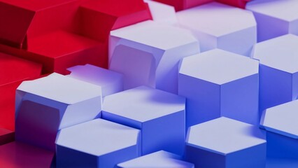 Fototapeta premium Generate AI, hexagonal patterns in shades of red blue and white cascade across a three-dimensional plane