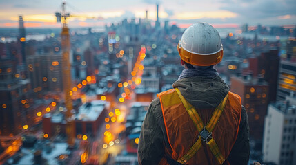 a panoramic view of a bustling construction site in a cityscape, dominated by towering cranes and unfinished buildings