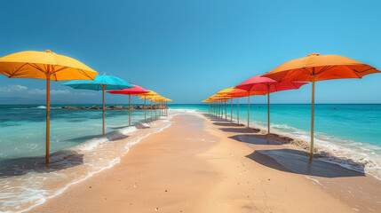 Fototapeta premium Visualize a row of colorful sun umbrellas lined up along a sandy beach with turquoise waters stretching to the horizon