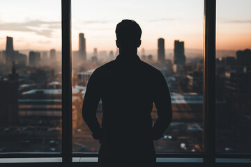 Fototapeta premium Silhouette of man looking out city window at sunrise.