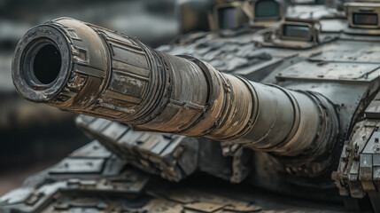 Close-up of a tank cannon barrel with a blurred background.