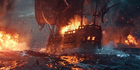 Burning Pirate Ship In Battle