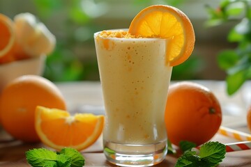 Fototapeta premium Milk shake with orange and mint in a glass on the table