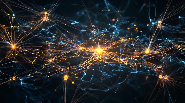 Glowing neural network materializes in dark space. Pulsating synapses interconnect, creating dynamic energy flows between nodes. Soft focus enhances ethereal atmosphere.	