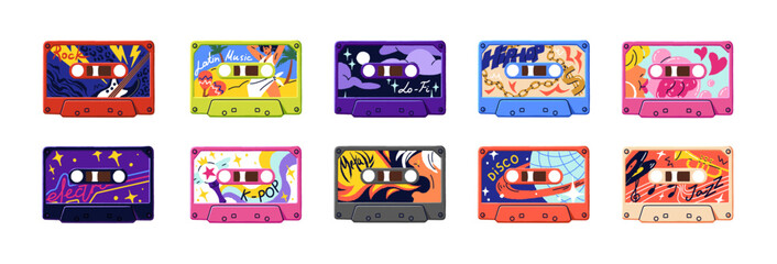 Colourful designs of vintage cassettes set. Obsolete music mix tapes. Various retro mixtapes. Templates of plastic audio records, audiocassettes. Flat isolated vector illustrations on white background © Paper Trident