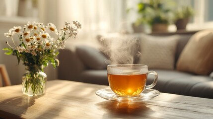 Steaming Cup of Tea on a Wooden Table with Daisies