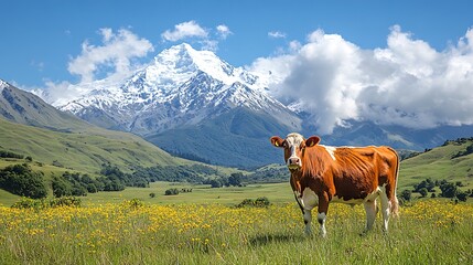 Fototapeta premium Cow grazing in a field with a mountain in the background.