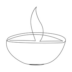 Continuous one line drawing oil lamp, candle burning flame. Black contour line simple minimalist graphic isolated vector illustration. Diwali festival celebration