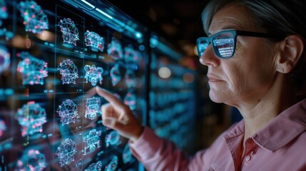 Focused on analytics, a woman wearing glasses carefully studies complex data visualizations on a high-tech digital display.