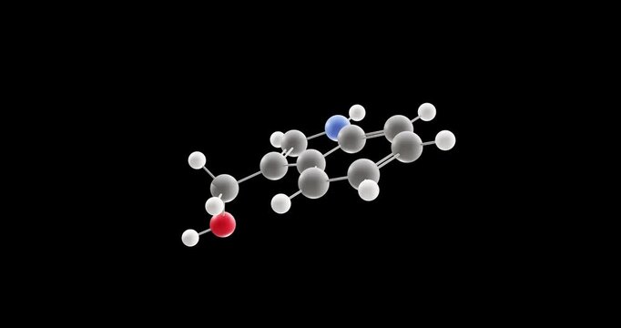 Indole-3-carbinol molecule, rotating 3D model of antioxidant, looped video on a black background