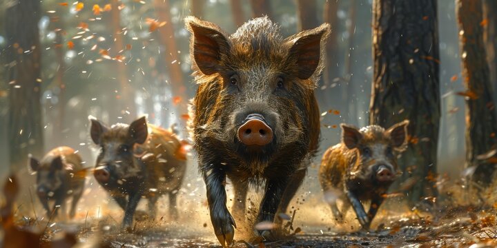 Wild boars running through the forest