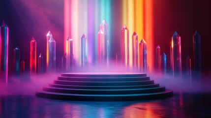 Neon Lit Crystal Columns with Circular Platform