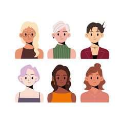 Girls characters avatars set. Portraits of smiling young women face. Employee avatar, professional person profile. Flat graphic vector illustrations.
