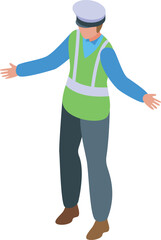 Parking inspector wearing uniform and guiding traffic flow isometric illustration